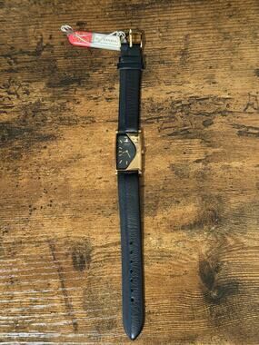 Seiko Rivoli Quartz SXN434J Gold Tone Black Dial Rectangular Watch Leather Strap